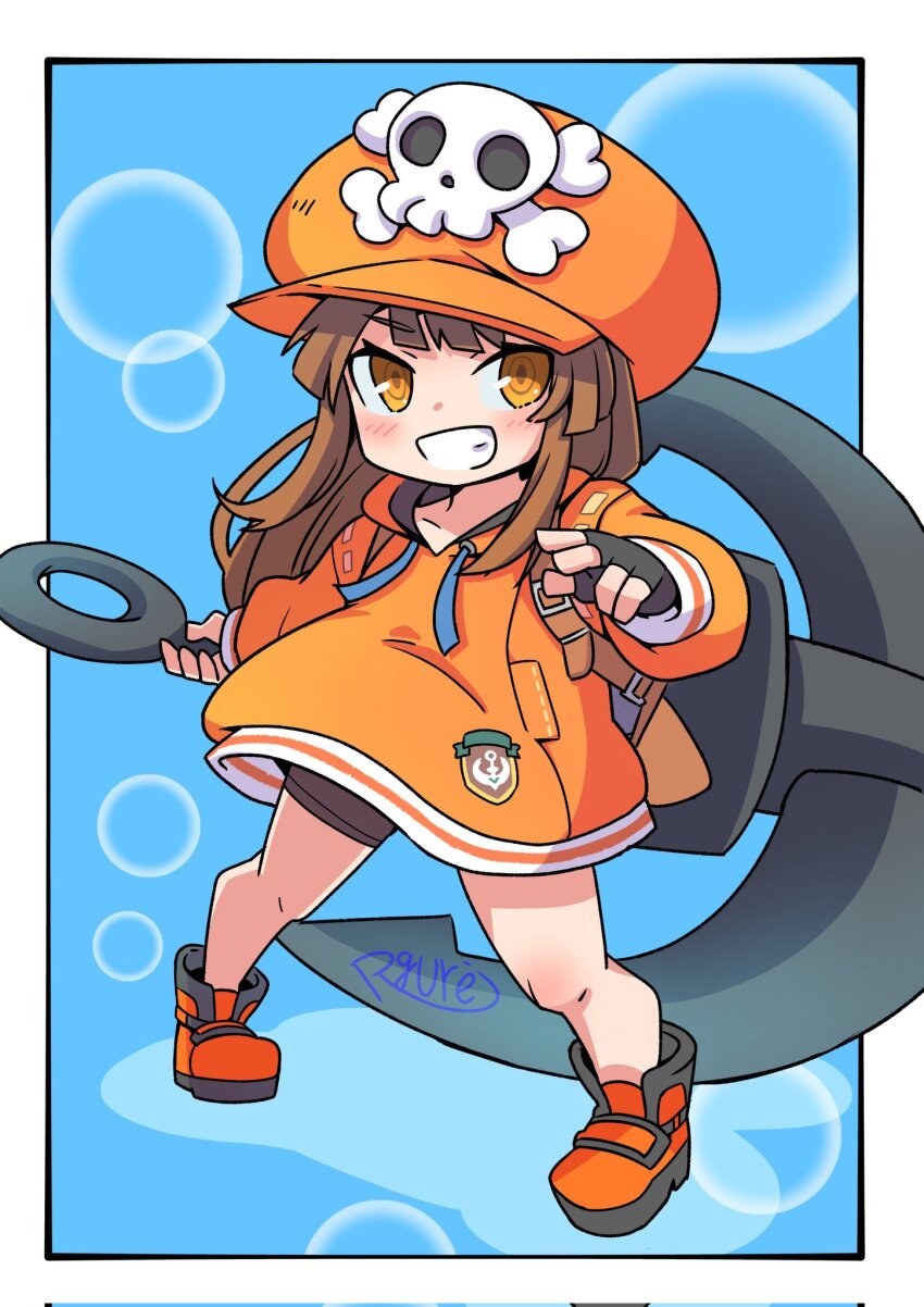 1girl anchor bike_shorts black_gloves blush boots brown_hair newsboy_cap fingerless_gloves gloves guilty_gear guilty_gear_strive hat hat_ornament highres holding holding_anchor hood hoodie long_hair long_sleeves looking_at_viewer may_(guilty_gear) orange_boots orange_headwear orange_hoodie rgurei0529 skull_and_crossbones skull_hat_ornament smile