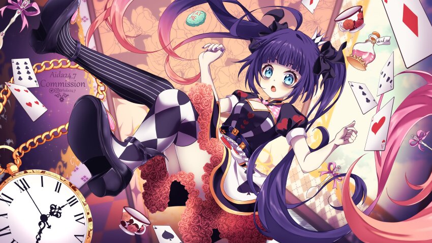 :o absurdres ace_(playing_card) ace_of_hearts aida24_7 alice&#039;s_adventures_in_wonderland artist_name bags_under_eyes black_bow black_dress black_shoes bottle bow card character_request checkered_thighhighs commentary commission cookie copyright_request crown cup dress drink_me drink_me_potion eat_me eight_of_clubs english_commentary english_text falling five_of_spades food food_writing four_of_hearts hair_bow heart heart_print highres instagram_logo instagram_username long_hair mini_crown mismatched_thighhighs nail_polish open_mouth playing_card pocket_watch potion purple_hair purple_nails roman_numeral shoes solo spoon striped_clothes striped_thighhighs teacup thighhighs three_of_clubs twintails twitter_logo twitter_username two-tone_thighhighs very_long_hair watch