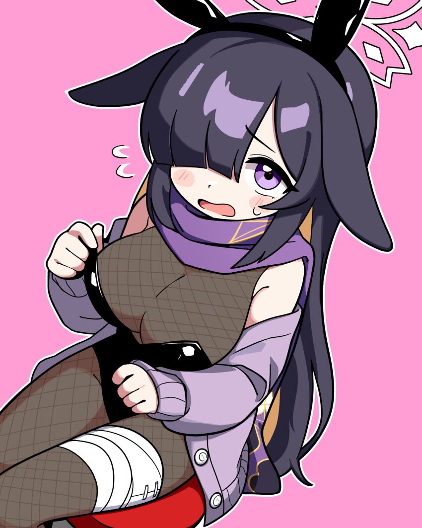 1girl animal_ears bandaged_leg bandages black_leotard blue_archive blush bodystocking breasts cardigan cleavage ears_down fake_animal_ears feet_out_of_frame fishnet_bodystocking fishnets flying_sweatdrops hair_over_one_eye halo highres jacket jorang_(jorang08) leotard looking_at_viewer medium_breasts ninja off_shoulder open_mouth outline pink_background playboy_bunny purple_eyes rabbit_ears scarf sitting sleeves_past_wrists solo sweatdrop tsukuyo_(blue_archive) white_outline