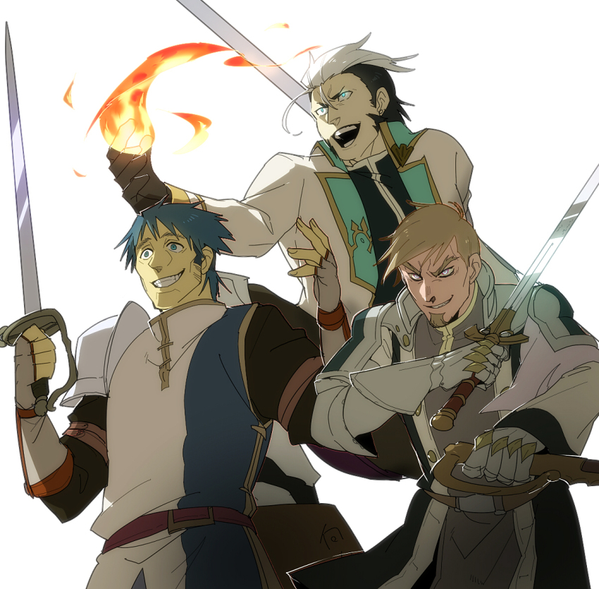 3boys armor bag belt black_gloves black_hair black_jacket blonde_hair blue_eyes blue_hair breastplate determined dual_wielding elbow_gloves facial_hair facing_to_the_side fire fireball gauntlets gloves goatee green_trim grey_eyes grey_tunic gurast holding holding_sword holding_weapon jacket knight looking_to_the_side magic male_focus mature_male messenger_bag multiple_boys open_clothes open_jacket original outstretched_arms partially_fingerless_gloves popped_collar red_belt shirt shoulder_armor shoulder_bag sword tunic weapon white_armor white_gloves white_hair white_jacket white_shirt yellow_trim