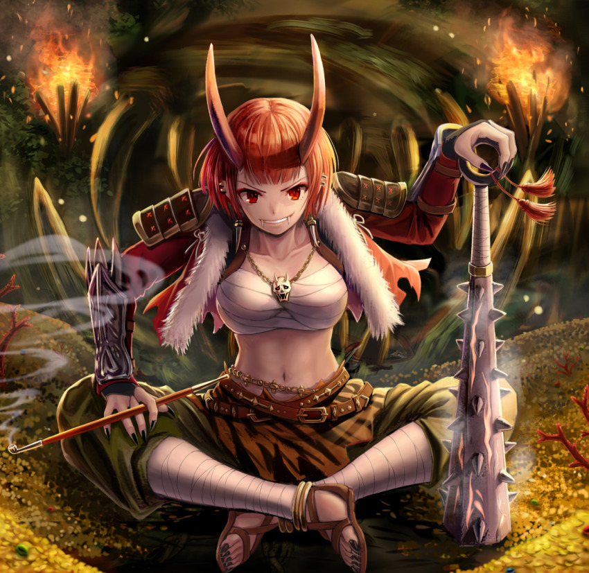 1girl anklet armor belt black_nails bracer club club_(weapon) earrings fangs female_focus fire jewelry kanabou kiseru long_sleeves looking_at_viewer macha0331 nail_polish navel necklace oni original red_eyes red_hair sandals sarashi setsubun short_hair sitting skull smile smoke smoking_pipe solo spiked_club toes torch weapon