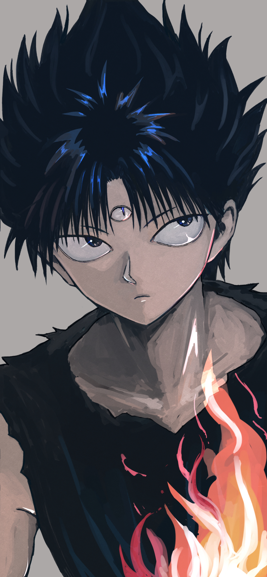 1boy absurdres black_eyes black_hair black_tank_top commentary expressionless fire hiei_(yu_yu_hakusho) highres kksdksms light_frown looking_to_the_side looking_up male_focus parted_bangs pyrokinesis short_hair solo spiked_hair tank_top third_eye upper_body yuu_yuu_hakusho