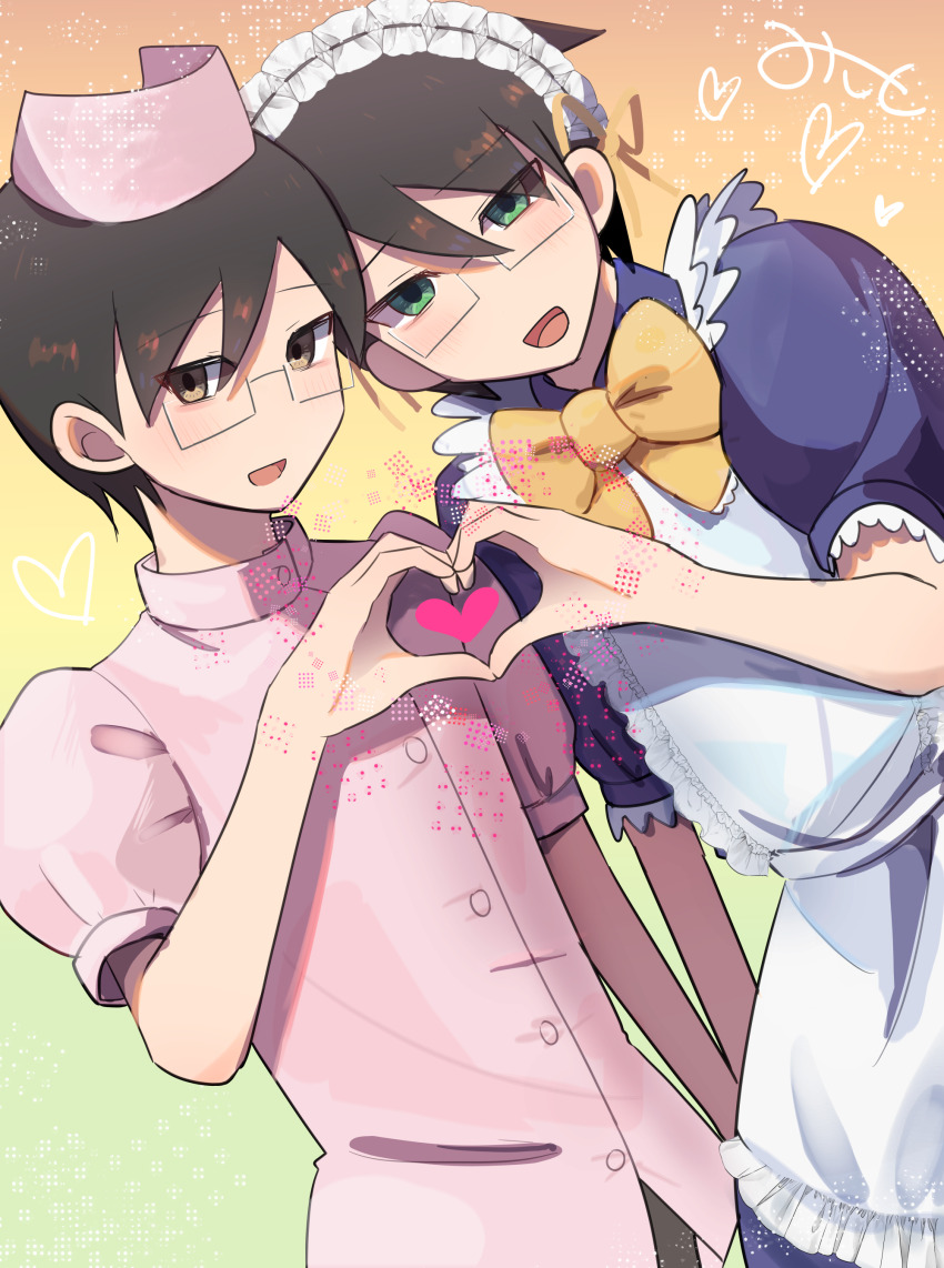 2boys :d absurdres alternate_costume alternate_eye_color apron black_hair blush bow brown_eyes clone commentary_request cowboy_shot crossdressing crossdressing_(mtf) enmaided frilled_bow frills glasses gradient_background green_eyes hair_bow hat heart heart_hands heart_hands_duo highres itoshiki_mikoto looking_at_viewer maid maid_apron male_focus male_maid multiple_boys nurse nurse_cap open_mouth ribbon_trim sayonara_zetsubou_sensei short_hair smile tomato_ebichiri yellow_bow