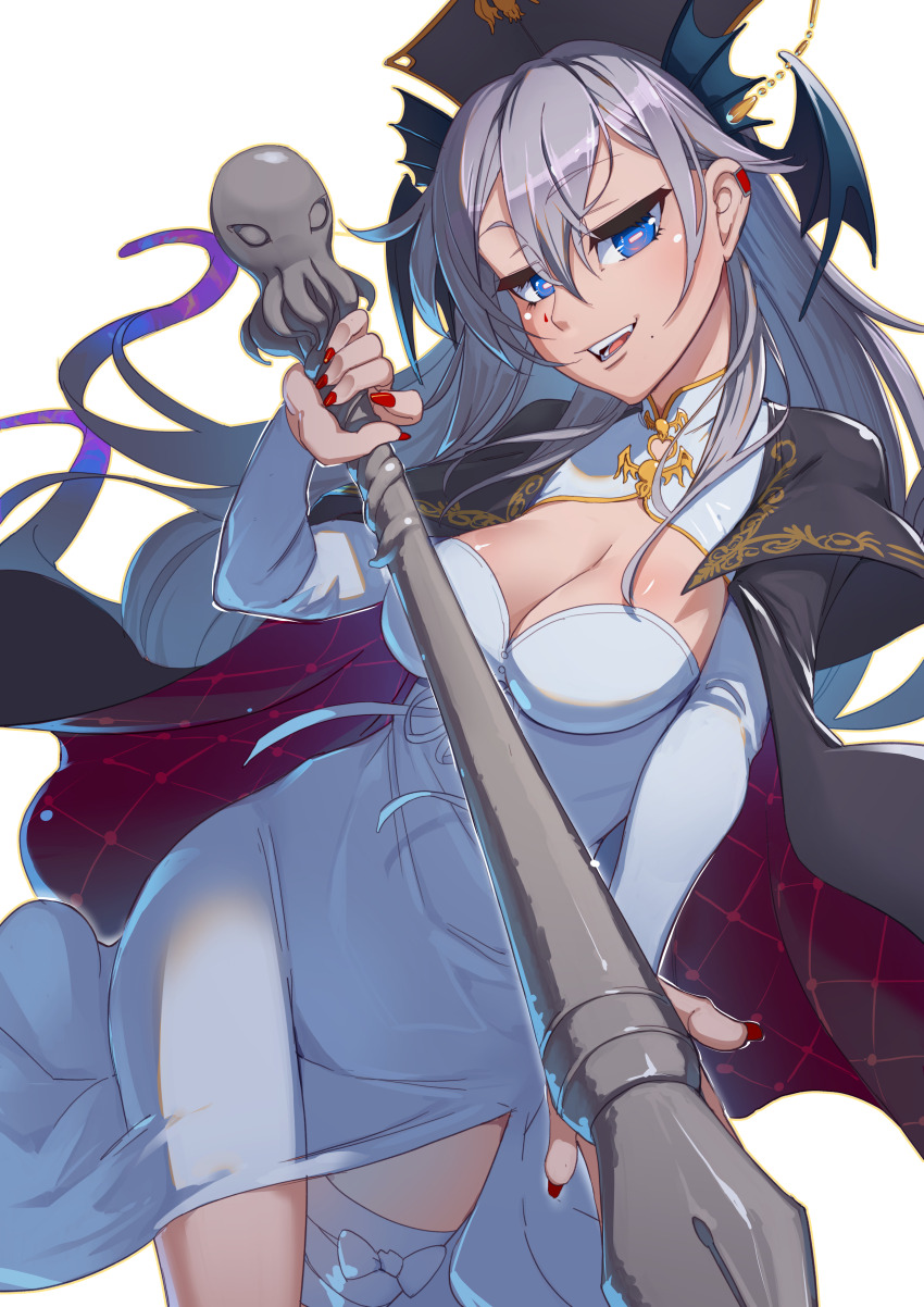 1girl absurdres blue_eyes breasts cape china_dress chinese_clothes cleavage cleavage_cutout clothing_cutout cowboy_shot dalachi_(headdress) dress grey_hair highres indie_virtual_youtuber large_breasts long_hair long_sleeves looking_at_viewer mandarin_collar pochimaru_(vtuber) red_nails riza23 solo virtual_youtuber white_dress