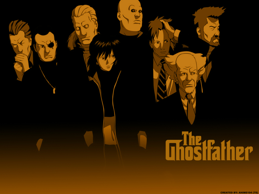 1girl 6+boys aramaki_daisuke batou_(gits) boma_(gits) ghost_in_the_shell highres ishikawa_(gits) kusanagi_motoko mafia monochrome multiple_boys necktie paz_(gits) saito tagme the_godfather togusa_(gits)