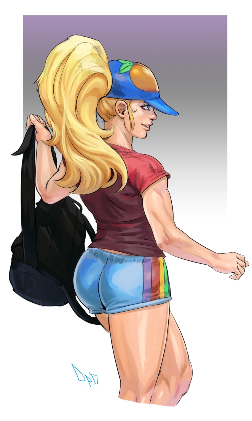 1girl alternate_hairstyle ass backpack bag baseball_cap blonde_hair blue_eyes cropped_legs diepod female_focus from_behind hat highres lips long_hair ponytail rainbow_mika shirt short_shorts shorts solo street_fighter street_fighter_v t-shirt thighs toned toned_female very_long_hair