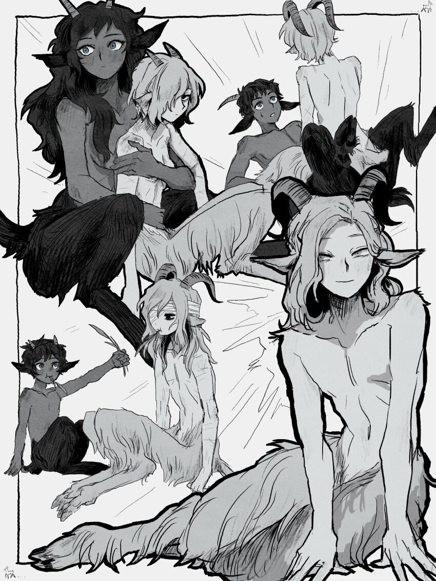 2boys 2girls absurdres age_comparison aged_down alternate_species animal_ears animal_feet bags_under_eyes bandage_over_one_eye bandages between_legs blue_eyes blush body_fur border breasts child convenient_censoring convenient_hand curled_horns curly_hair dark-skinned_female dark-skinned_male dark_skin dual_persona dungeon_meshi eating feet_out_of_frame genderswap genderswap_(mtf) goat_boy goat_ears goat_horns goat_legs goat_tail grass hair_over_breasts highres horns kabru long_hair looking_at_another looking_to_the_side male_focus mithrun monochrome monster_boy monster_girl multiple_boys multiple_girls multiple_scars multiple_views navel notched_ear nude pachix2_corgi profile satyr scar short_hair simple_background sitting sitting_between_lap small_breasts smile spot_color straddling sweatdrop wavy_hair white_background wide-eyed yaoi yuri