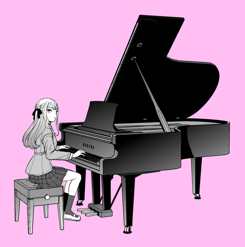 1girl 3d ad bang_dream! bang_dream!_it&#039;s_mygo!!!!! clip_studio_paint_(medium) commentary_request expressionless facing_viewer full_body grand_piano greyscale_with_colored_background hair_ribbon haneoka_school_uniform highres instrument long_hair long_sleeves looking_up miniskirt mixed_media music on_bench parted_lips piano piano_bench plaid_clothes plaid_skirt playing_instrument playing_piano product_placement promotional_art purple_background ribbon school_uniform sentape shoes simple_background sitting skirt socks solo three_quarter_view togawa_sakiko turning_head uwabaki winter_uniform