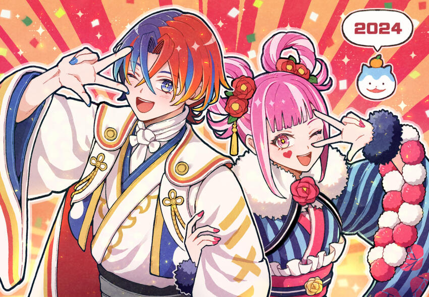1boy 1girl 2024 ;d male_alear_(fire_emblem) blue_eyes blue_hair blue_kimono blue_nails blunt_bangs crossed_bangs facial_mark fire_emblem fire_emblem_engage flower hair_between_eyes hair_flower hair_ornament hair_rings heart heart_facial_mark highres hortensia_(fire_emblem) japanese_clothes kimono kuhaha long_sleeves looking_at_viewer multicolored_hair nintendo one_eye_closed open_mouth pink_eyes pink_hair pink_nails red_hair smile sommie_(fire_emblem) teeth two-tone_hair upper_body upper_teeth_only w white_kimono wide_sleeves