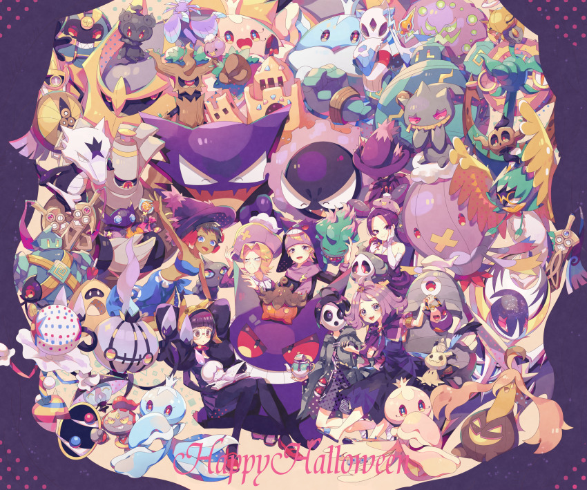 2boys 5girls absurdres acerola_(pokemon) aegislash agatha_(pokemon) ahoge allister_(pokemon) alolan_form alolan_marowak arm_up bag black_pantyhose blonde_hair blue_eyes blue_sarong blunt_bangs blush book brown_eyes brown_hair capelet chandelure character_hat chewing cofagrigus collarbone dark-skinned_female dark_skin decidueye dhelmise doublade dress drifblim drifloon dusclops dusknoir duskull eating elbow_gloves eyelashes fantina_(pokemon) frillish frillish_(female) frillish_(male) froslass gastly gen_1_pokemon gen_2_pokemon gen_3_pokemon gen_4_pokemon gen_5_pokemon gen_6_pokemon gen_7_pokemon gen_8_pokemon gengar giratina glasses gloves golett golurk gourgeist grey_eyes grey_robe hand_on_own_face happy_halloween hat haunter highres holding holding_bag holding_hands honedge jellicent jellicent_(female) jellicent_(male) lampent laughing legendary_pokemon litwick long_sleeves marshadow mask mimikyu misdreavus mismagius morty_(pokemon) multiple_boys multiple_girls mythical_pokemon nagatsukiariake nintendo old old_woman open_book oricorio oricorio_(sensu) palossand pantyhose phantump phoebe_(pokemon) pirate_hat pleated_skirt poke_ball poke_ball_(basic) pokemon pokemon_(creature) pokemon_bw pokemon_dppt pokemon_gsc pokemon_rgby pokemon_rse pokemon_sm pokemon_swsh polteageist pumpkaboo purple_capelet purple_dress purple_hair purple_hat purple_scarf purple_shorts red_footwear robe rotom sableye sandals sandygast sarong scarf shauntal_(pokemon) short_hair shorts single_glove skirt spiritomb trevenant white_gloves witch_hat yamask