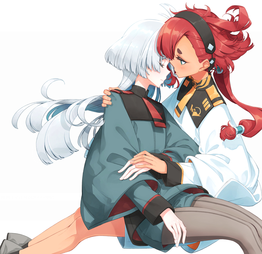 2girls ahoge closed_eyes green_eyes gundam gundam_suisei_no_majo hairband highres long_hair looking_at_another military military_uniform miorine_rembran multiple_girls necktie ponytail red_hair sakuraba_yuuki simple_background sitting sitting_on_person sleeping suletta_mercury white_hair yuri