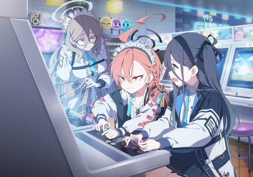 3girls ahoge akane_(blue_archive) arcade aris_(blue_archive) black_hair black_halo black_jacket black_skirt blonde_hair blue_archive blue_eyes blue_halo blue_necktie blue_ribbon braid brown_shawl closed_eyes closed_mouth evil_smile fang floral_print game_cg hair_between_eyes halo highres huge_ahoge jacket long_bangs long_hair looking_at_another maid_headdress mole mole_under_eye multiple_girls necktie neru_(blue_archive) non-web_source official_art one_side_up open_mouth plaid_clothes plaid_shawl playing_games pleated_skirt red_eyes red_hair ribbon shawl shirt single_braid skirt smile sukajan white_shirt white_sleeves