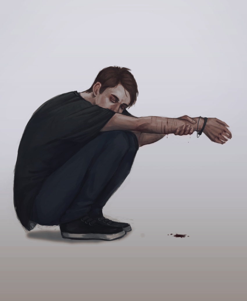 1boy bags_under_eyes bleeding blood blood_drip blood_on_ground bracelet brown_eyes brown_hair cellar_art covering_own_mouth full_body hand_on_own_wrist highres jewelry looking_at_viewer male_focus multiple_scars original scar scar_on_arm self-harm short_hair solo squatting white_background wrist_cutting