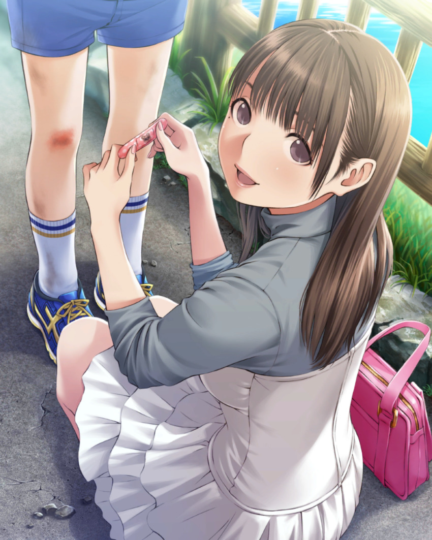 1boy 1girl :d anegasaki_nene bag bandaid blue_shoes blue_shorts blush brown_eyes brown_hair child dress fence frilled_dress frills from_above from_behind grass grey_shirt handbag hands_up highres holding_bandaid injury long_hair long_sleeves looking_at_viewer looking_back looking_up love_plus lower_body mole mole_under_eye official_art open_mouth outdoors pink_bag pink_lips shirt shoes shorts sleeves_rolled_up smile sneakers socks solo_focus squatting tareme turtleneck water white_dress white_socks wooden_fence