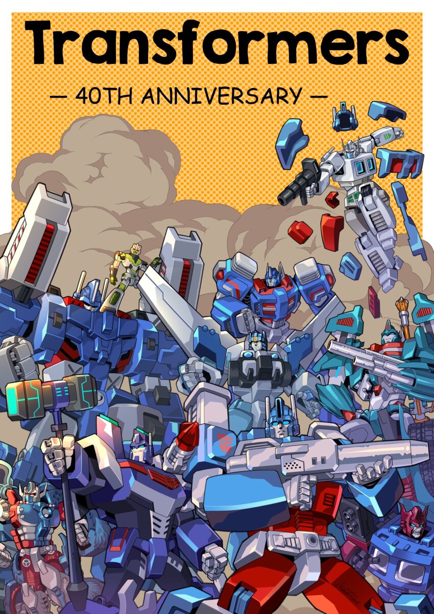 arm_cannon beast_wars blue_eyes border copyright_name gun hammer highres holding holding_gun holding_hammer holding_weapon lantana0_0 looking_to_the_side mecha mecha_focus minimus_ambus multiple_persona no_humans orange_background outside_border red_eyes robot science_fiction smoke the_transformers_(idw) transformers transformers:_generation_1 transformers:_war_for_cybertron_trilogy transformers_animated transformers_shattered_glass ultra_magnus ultra_mammoth weapon white_border