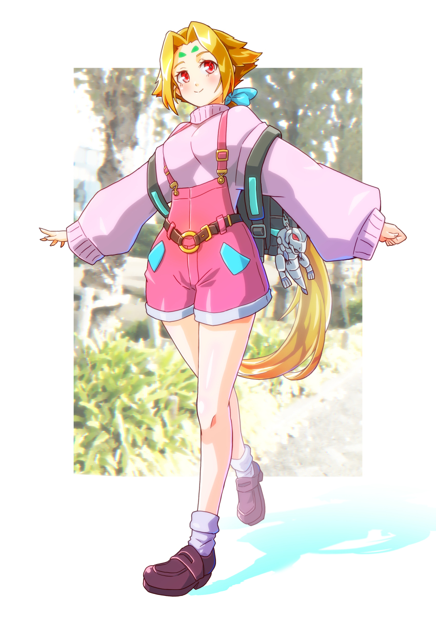 1girl absurdres alternate_costume backpack bag blue_bow blush border bow brown_shoes clenched_hand fiona_(zoids) hair_bow highres ibuki_sakura_(sgw_v07) looking_to_the_side open_hand overall_shorts overalls pink_overalls pink_shorts purple_sweater red_eyes shadow shoes shorts smile solo sweater turtleneck turtleneck_sweater walking white_border zoids zoids_chaotic_century