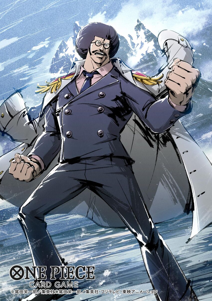 1boy aged_down black_hair clenched_hands coat coat_on_shoulders collared_shirt commentary_request copyright_name epaulettes facial_hair formal_clothes highres looking_to_the_side male_focus mountain mustache necktie nukadoko_mogera official_art one_piece one_piece_card_game pink_shirt sengoku_(one_piece) shirt sideburns solo suit