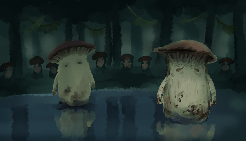 aby commentary_request creature dark_souls_(series) dark_souls_i forest full_body looking_at_viewer mushroom mushroom_child mushroom_parent nature no_humans outdoors plant pond standing tree vines