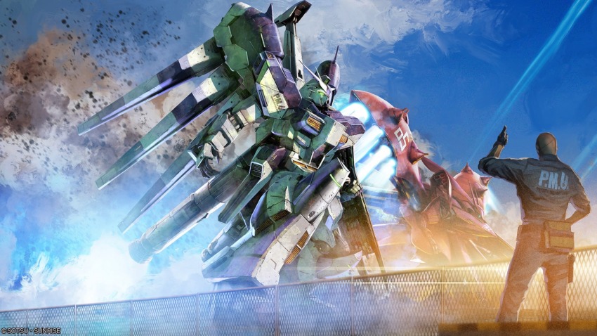 1boy absurdres bald char&#039;s_counterattack char&#039;s_counterattack_-_beltorchika&#039;s_children cloud copyright_logo dark_skin debris earth_federation fin_funnels fingerless_gloves funnels_(gundam) gloves gundam gundam_battle_operation_2 hi-nu_gundam highres holster jumpsuit logo machinery mecha mecha_focus mobile_suit neidhardt_heidegger neo_zeon nightingale_(gundam) no_humans official_art painting_(medium) realistic robot scan science_fiction sunrise_(company) tenjin_hidetaka thrusters traditional_media