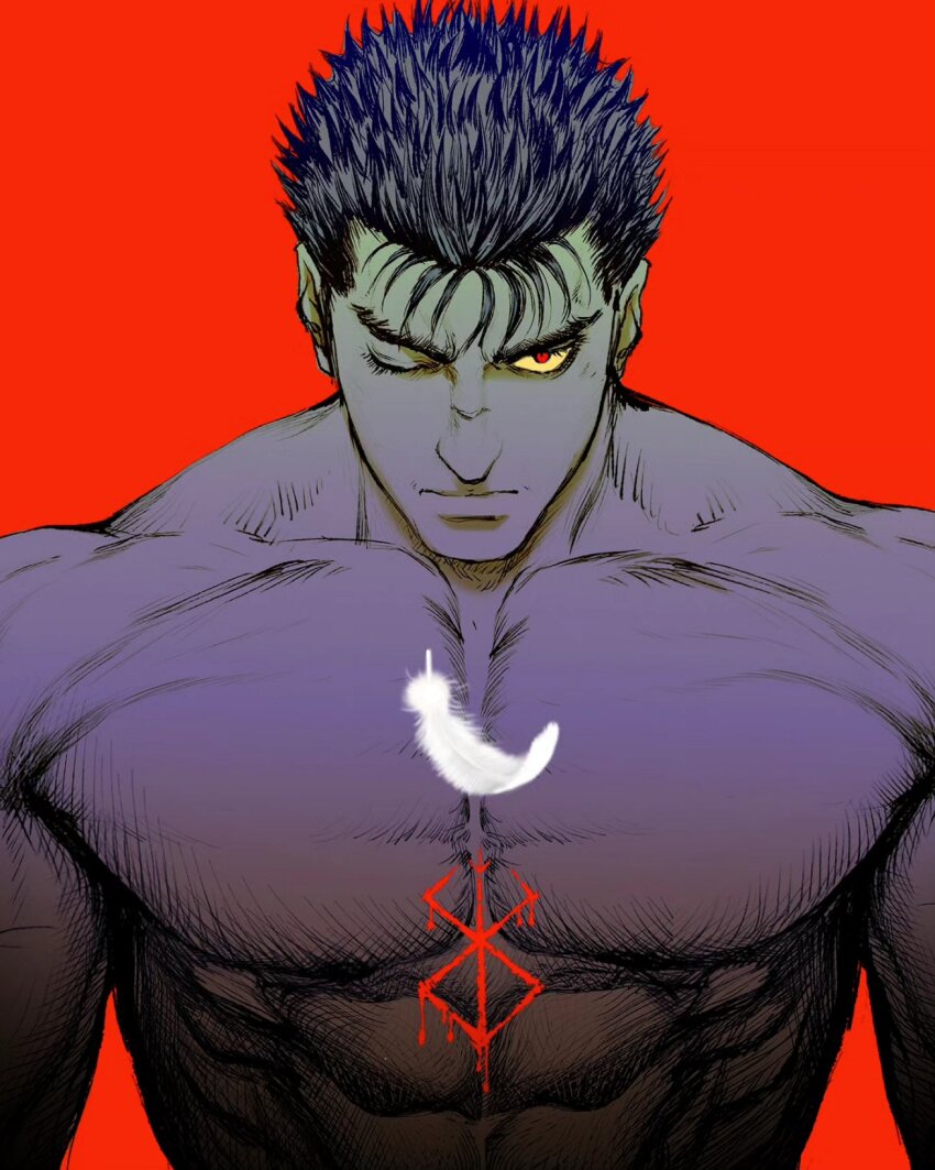 1boy arms_at_sides berserk black_hair bleeding blood brand_of_sacrifice chest_tattoo colored_sclera glowing_feather guts_(berserk) highres looking_at_viewer monochrome muscular muscular_male nisino2222 nude one_eye_closed red_background red_eyes scar scar_on_face scar_on_nose short_hair simple_background solo spiked_hair tattoo yellow_sclera
