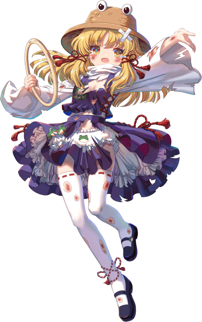 1girl absurdres animal_print black_shoes blonde_hair bloomers brown_hat crossed_bandaids eye_on_hat frilled_skirt frills frog_print full_body game_cg hat highres holding holding_jewelry holding_ring injury jewelry kouhaku_nawa kumio long_hair long_sleeves mary_janes moriya_suwako navel non-web_source purple_skirt purple_vest ring rope shimenawa shirt shoes skirt solo tachi-e teardrop thighhighs torn_clothes torn_shirt torn_skirt torn_thighhighs torn_vest touhou touhou_blooming_chaos underwear vest white_bloomers white_shirt white_thighhighs wide_sleeves yellow_eyes zettai_ryouiki