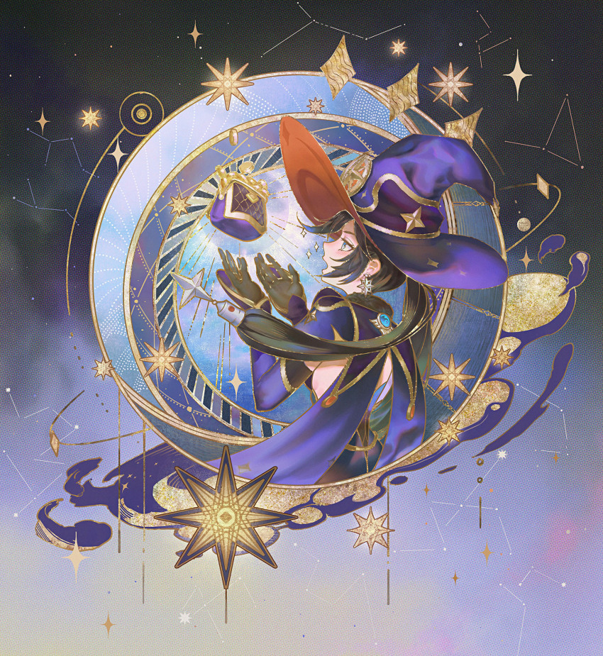 1girl black_gloves black_hair blue_eyes cape coin coin_purse constellation cupping_hands detached_sleeves earrings floating_hair from_behind genshin_impact gloves gold_coin hands_up hat highres jewelry leotard long_hair looking_at_object mona_(genshin_impact) own_hands_together purple_cape purple_hat purple_leotard purple_sleeves renyu1012 sidelocks solo star_(symbol) star_earrings twintails upper_body witch_hat