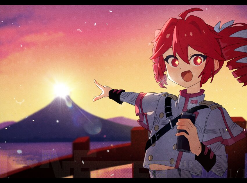 +_+ 1girl ahoge black_sleeve_cuffs bow bridge buttons can commentary double-breasted double-parted_bangs drill_hair fin_gocco grey_jacket grey_skirt hair_between_eyes hair_bow hair_ribbon highres holding holding_can jacket kasane_teto kasane_teto_(sv) lake layered_sleeves long_sleeves midriff_peek morning mountain open_mouth orange_skirt outdoors outstretched_arm pointing red_hair red_sky red_trim ribbon shoulder_belt shoulder_boards skirt sky sleeve_cuffs solo striped_clothes striped_jacket sunrise synthesizer_v tongue twin_drills utau white_bow white_ribbon wooden_bridge