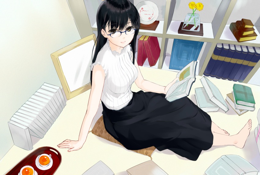 1girl barefoot biblia_koshodou_no_jikentechou black_hair black_skirt blouse book brown_eyes brown_hair casual cup feet female_focus full_body glasses lips long_hair mokkei shinokawa_shioriko shirt sitting skirt sleeveless sleeveless_shirt smile solo source_request tea teacup white_shirt