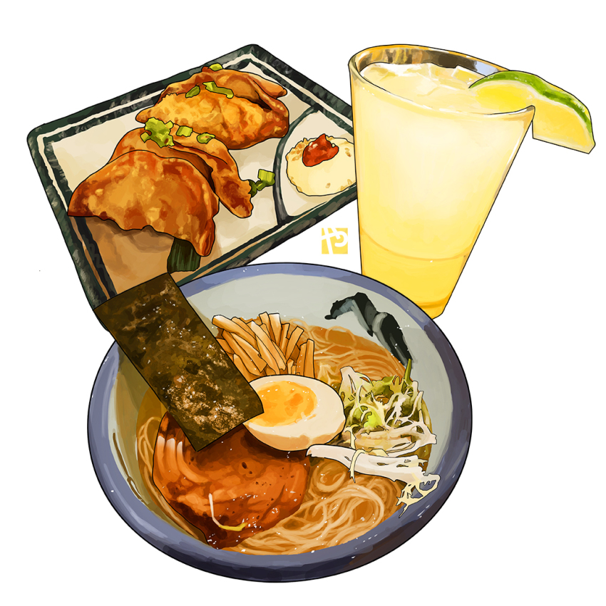 bowl cup dumpling egg egg_(food) food food_focus fruit garnish glass hardboiled_egg ice jiaozi lime_(fruit) lime_slice meat no_humans noodles original plate ramen seaweed simple_background soup still_life studiolg vegetable white_background