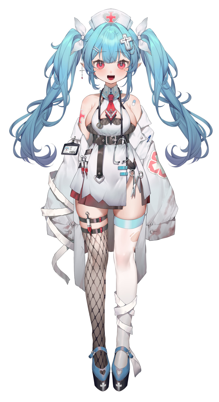 1girl :d absurdres asymmetrical_legwear bandaged_leg bandages bare_shoulders belt black_belt black_thighhighs blue_hair blue_shoes bow breasts cleavage_cutout clothing_cutout coat collar collared_dress cross cross_earrings cross_hair_ornament cross_tattoo dress ear_piercing earrings fishnet_thighhighs fishnets frilled_collar frills full_body hair_bow hair_ornament hairclip hat highres id_card inori_(stardust_project) jewelry large_breasts long_hair long_sleeves looking_at_viewer mary_janes mismatched_legwear moriyama_meiko necktie nurse nurse_cap object_in_pocket off_shoulder official_art open_clothes open_coat open_mouth pen_in_pocket piercing pill_print platform_shoes pocket pointy_ears red_eyes red_necktie shoes short_dress shoulder_tattoo side_slit sideboob single_earring skindentation sleeveless sleeveless_dress sleeves_past_fingers sleeves_past_wrists smile solo standing stardust_project stethoscope straight-on surgical_scissors syringe tachi-e tattoo teeth thigh_strap thighhighs torn_clothes torn_thighhighs transparent_background twintails underbust virtual_youtuber white_bow white_coat white_dress white_thighhighs