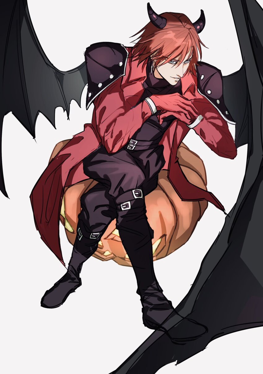 1boy bat_wings belt belt_buckle black_belt black_footwear black_horns black_pants black_shirt black_wings blue_eyes buckle coat collared_shirt commentary crisis_core_final_fantasy_vii crossed_legs demon_horns final_fantasy final_fantasy_vii flat4444 full_body genesis_rhapsodos gloves hair_between_eyes halloween highres horns jack-o&#039;-lantern leg_belt long_sleeves looking_ahead male_focus multiple_belts open_clothes open_coat own_hands_together pants parted_lips pumpkin red_coat red_gloves red_hair shirt shirt_tucked_in shoulder_pads simple_background sitting solo teeth white_background wing_collar wings