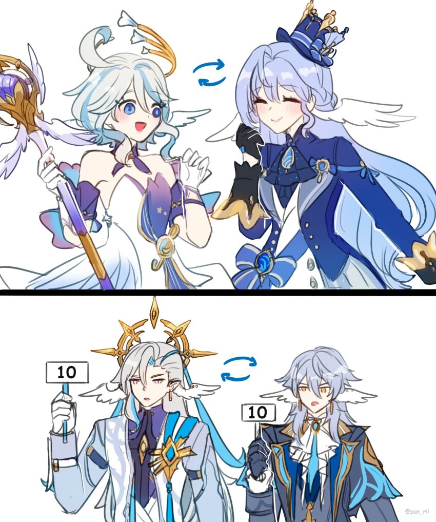 2boys 2girls :d ^_^ ahoge ascot blue_ascot blue_coat blue_eyes blue_hair blue_jacket brooch choker closed_eyes coat commentary cosplay costume_switch detached_sleeves dress furina_(genshin_impact) furina_(genshin_impact)_(cosplay) genshin_impact gloves grey_coat head_wings highres holding holding_sign holding_staff honkai:_star_rail honkai_(series) jacket jewelry long_hair long_sleeves looking_at_another mihoyo multiple_boys multiple_girls neuvillette_(genshin_impact) neuvillette_(genshin_impact)_(cosplay) open_mouth pun-rii purple_choker robin_(honkai:_star_rail) robin_(honkai:_star_rail)_(cosplay) shirt short_hair short_sleeves sign simple_background smile staff strapless strapless_dress sunday_(honkai:_star_rail) sunday_(honkai:_star_rail)_(cosplay) upper_body very_long_hair white_background white_dress white_gloves white_hair white_shirt wings