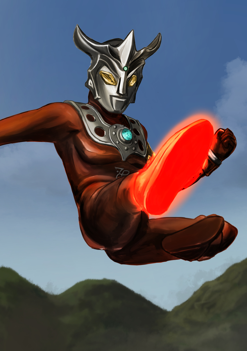 1boy absurdres alien arm_out_of_frame armlet armor blue_sky bracelet breastplate cloud color_timer colored_skin commentary commission crest day energy finishing_move flying_kick forehead_jewel gattyo gem giant glowing glowing_eyes glowing_feet gold_armlet green_gemstone highres horns incoming_kick jewelry kicking looking_ahead male_focus midair mountain outdoors outstretched_arm outstretched_leg pectorals pixiv_commission red_skin silver_bracelet sky solo tokusatsu ultra_series ultraman_leo ultraman_leo_(series) wrinkled_skin yellow_eyes
