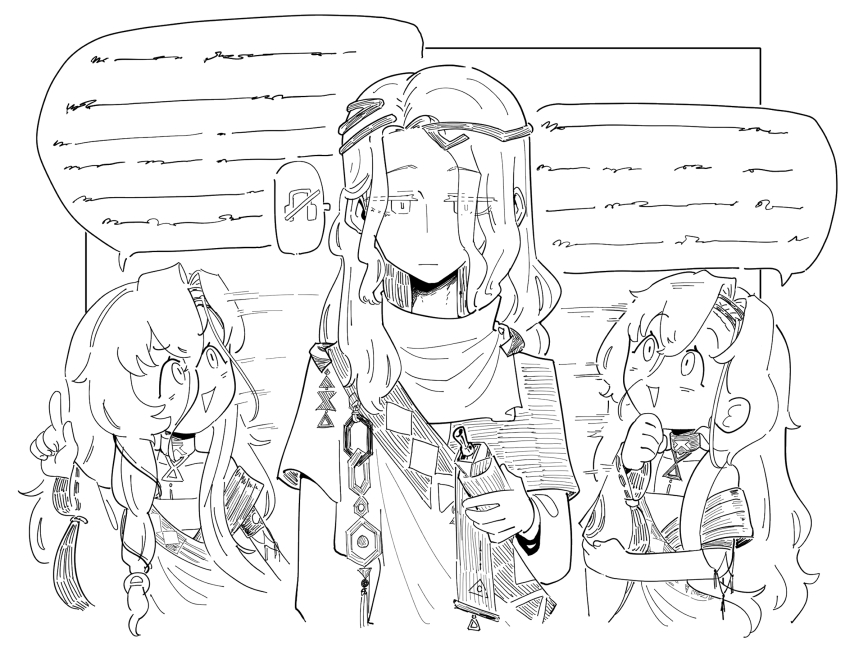 1boy 1girl 37_(reverse:1999) 6_(reverse:1999) :d :| ancient_greek_clothes bare_shoulders choker circlet closed_mouth daku_k expressionless greco-roman_clothes hand_on_own_chin highres holding holding_scroll index_finger_raised lineart long_hair looking_at_another looking_at_viewer open_mouth reverse:1999 scroll smile speech_bubble stroking_own_chin toga turning_head upper_body white_background