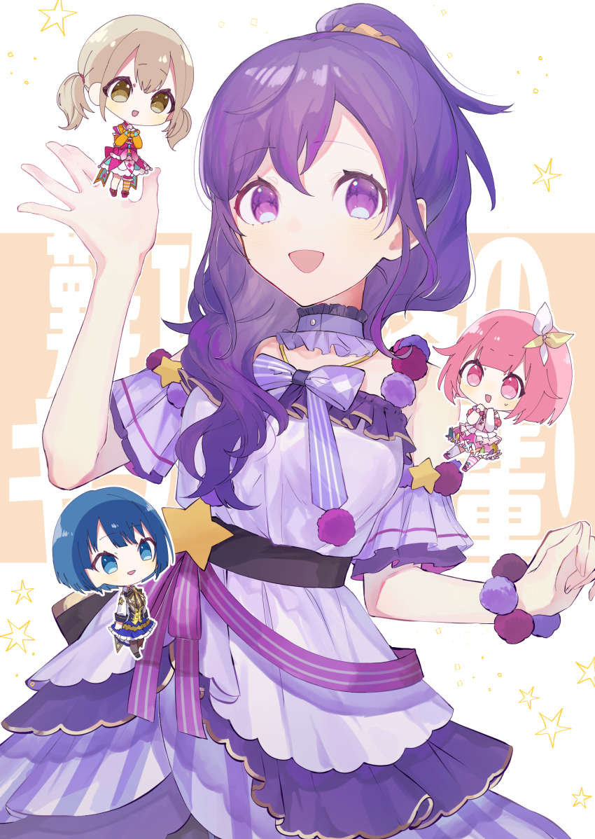 3girls :d absurdres april_fools asahina_mafuyu azusawa_kohane bare_shoulders belt black_belt blue_eyes blue_hair bow bowtie bracelet brown_eyes brown_hair choker commentary_request detached_sleeves dress happiness_sentai_sanisani☆wonder!_(project_sekai) happy highres jewelry kagamine_rin kiritani_haruka megurine_luka meiko_(vocaloid) multiple_girls ootori_emu open_mouth pink_dress pink_eyes pink_hair pom_pom_(clothes) potato_(potato_621) project_sekai project_sekai:_april_fools_2022 purple_bow purple_bowtie purple_choker purple_dress purple_eyes purple_hair short_hair short_sleeves smile solo_focus star_ornament vocaloid waving wonderlands_x_showtime_luka wonderlands_x_showtime_meiko wonderlands_x_showtime_rin wrist_cuffs