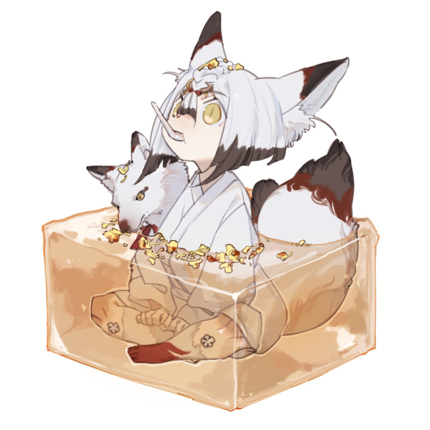 1boy animal animal_ears barefoot bob_cut body_fur braid braided_bangs character_request chibi code009 colored_tips crumbs cube eating food food_on_head food_request fox fox_ears fox_tail hair_between_eyes in_food indian_style inverted_bob japanese_clothes kimono long_sleeves looking_away mouth_hold multicolored_hair object_on_head red_fur sash shanhai_jing_hua short_hair simple_background sitting slit_pupils spoon streaked_hair tail two-tone_fur two-tone_hair utensil_in_mouth white_background white_fur white_kimono yellow_eyes
