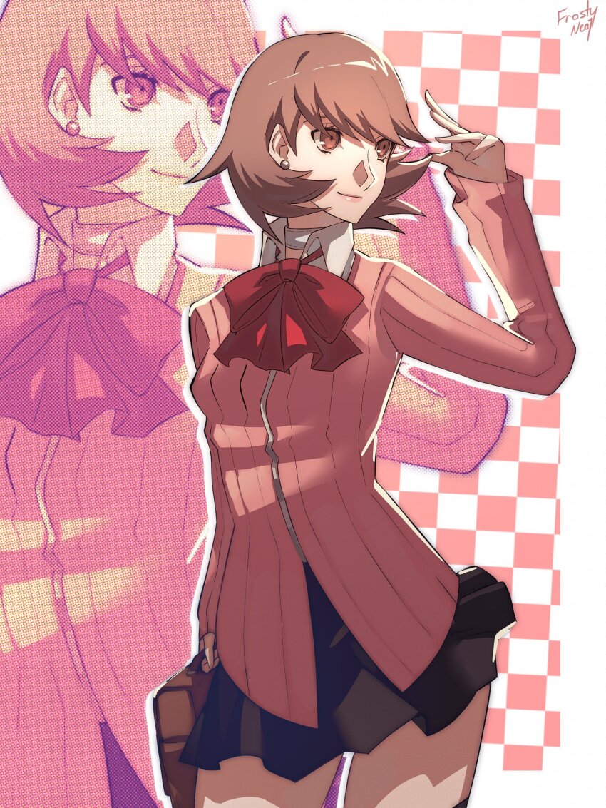 1girl artist_name bag black_skirt bow bowtie brown_bag brown_eyes brown_hair cardigan checkered_background choker closed_mouth collared_shirt commentary cowboy_shot earrings flipped_hair frosty_neo1 gekkoukan_high_school_uniform hand_up highres holding holding_bag jewelry lips long_sleeves looking_to_the_side miniskirt persona persona_3 pink_cardigan pink_lips pleated_skirt red_bow red_bowtie ribbed_cardigan school_bag school_uniform shirt short_hair skirt solo stud_earrings takeba_yukari white_choker white_shirt
