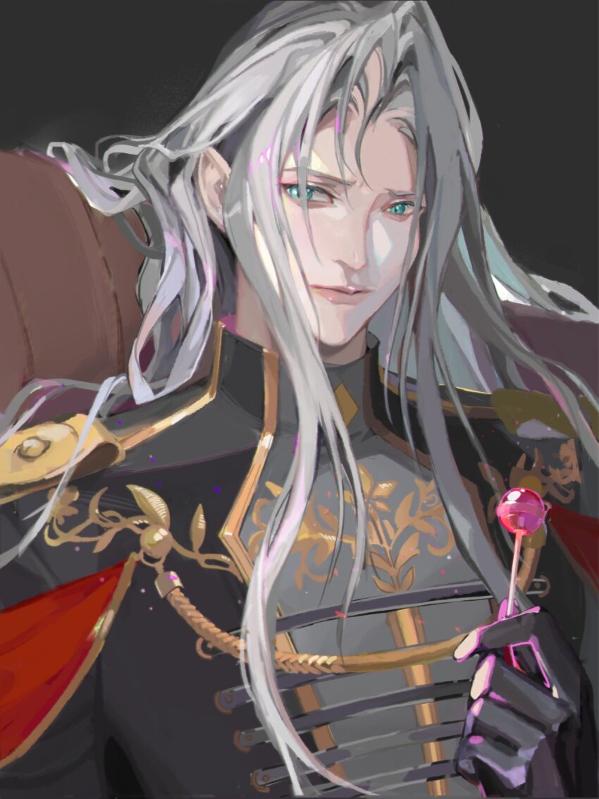 1boy aiguillette black_gloves black_jacket candy final_fantasy final_fantasy_vii final_fantasy_vii_ever_crisis food furrowed_brow gloves green_eyes grey_hair highres holding holding_candy holding_food holding_lollipop jacket lollipop long_hair looking_at_viewer male_focus military_jacket military_uniform official_alternate_costume sephiroth sephiroth_(shinra_formal_uniform) shoulder_boards solo upper_body zzchen22