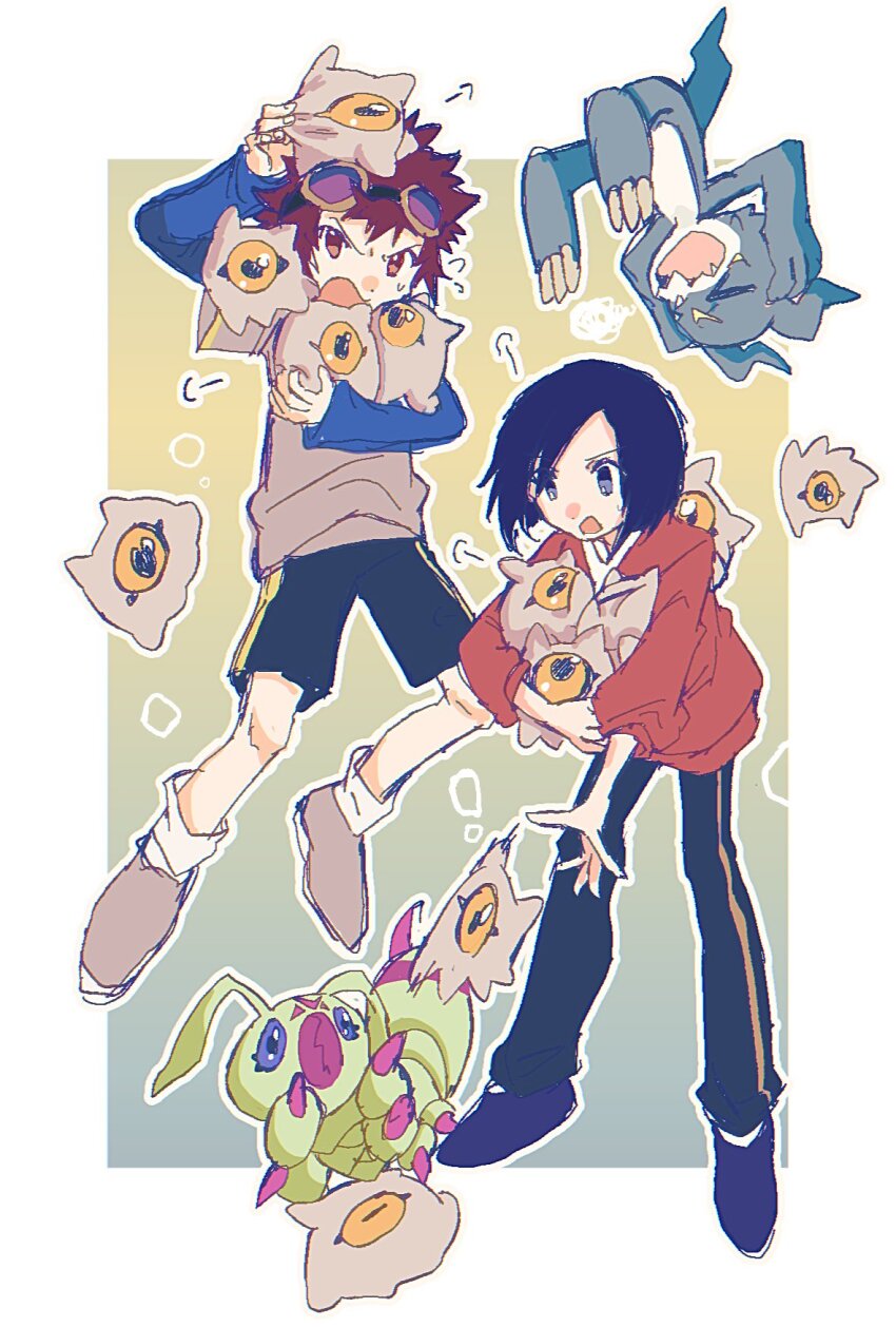! black_hair border brown_eyes brown_hair commentary_request digimon_(creature) digimon_adventure_02 digimon_adventure_02:_diablomon_no_gyakushu goggles goggles_on_head gradient_background group_picture highres ichijouji_ken kuramon male_focus megane_mochi motomiya_daisuke simple_background v-mon white_border wormmon