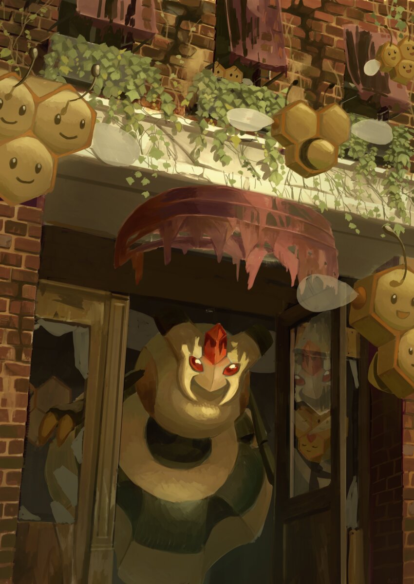 absurdres brick_wall broken_window building closed_mouth combee commentary_request evolutionary_line flying gen_4_pokemon highres king_joe_(neoroto) nintendo no_humans plant pokemon pokemon_(creature) red_eyes reflection smile vespiquen vines