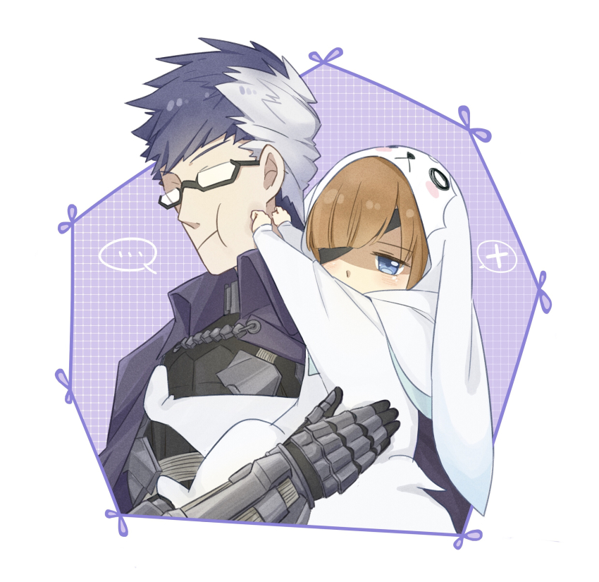 ... 1boy 1girl :t absurdres aged_down armor black-framed_eyewear blue_eyes brown_hair cape carrying closed_mouth cosplay eyepatch fate/grand_order fate_(series) fou_(fate) fou_(fate)_(cosplay) gauntlets glasses grey_hair hair_over_one_eye highres kigurumi konsan_(shinonome_root3) light_blush multicolored_hair opaque_glasses ophelia_phamrsolone princess_carry purple_cape purple_hair pushing_away pushing_face shaded_face short_hair sigurd_(fate) spoken_ellipsis two-tone_hair upper_body x