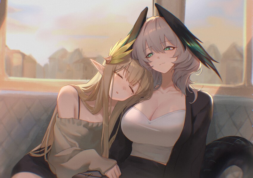 2girls absurdres arknights black_jacket black_skirt breasts brown_hair c113oreo cleavage closed_mouth collarbone commentary_request elf feather_hair green_eyes grey_hair grey_sweater head_on_another&#039;s_shoulder highres ho&#039;olheyak_(arknights) jacket large_breasts long_hair medium_hair mole mole_under_eye muelsyse_(arknights) multiple_girls parted_lips pointy_ears sitting skirt sleeping snake_tail sweater tail tank_top train_interior white_tank_top yuri