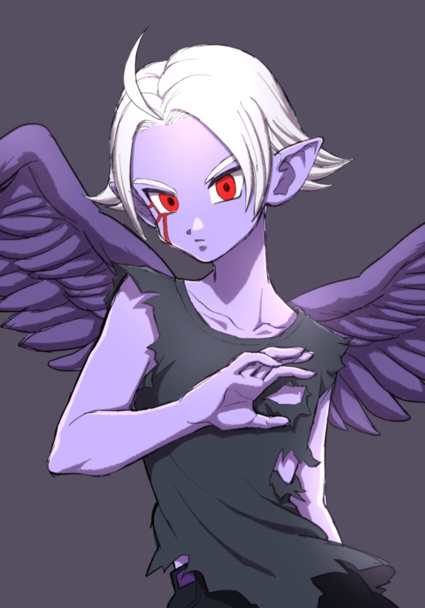 1boy aged_down ahoge alternate_form androgynous belt black_pants child collarbone colored_skin commentary_request demon_boy dragon_ball dragon_ball_heroes facial_mark feathered_wings floating_clothes fu_(dragon_ball) grey_background highres looking_at_viewer male_focus nxauto pants parted_hair parted_lips pointy_ears purple_belt purple_skin purple_wings red_eyes shirt short_hair sketch solo torn_clothes torn_shirt upper_body white_hair wings