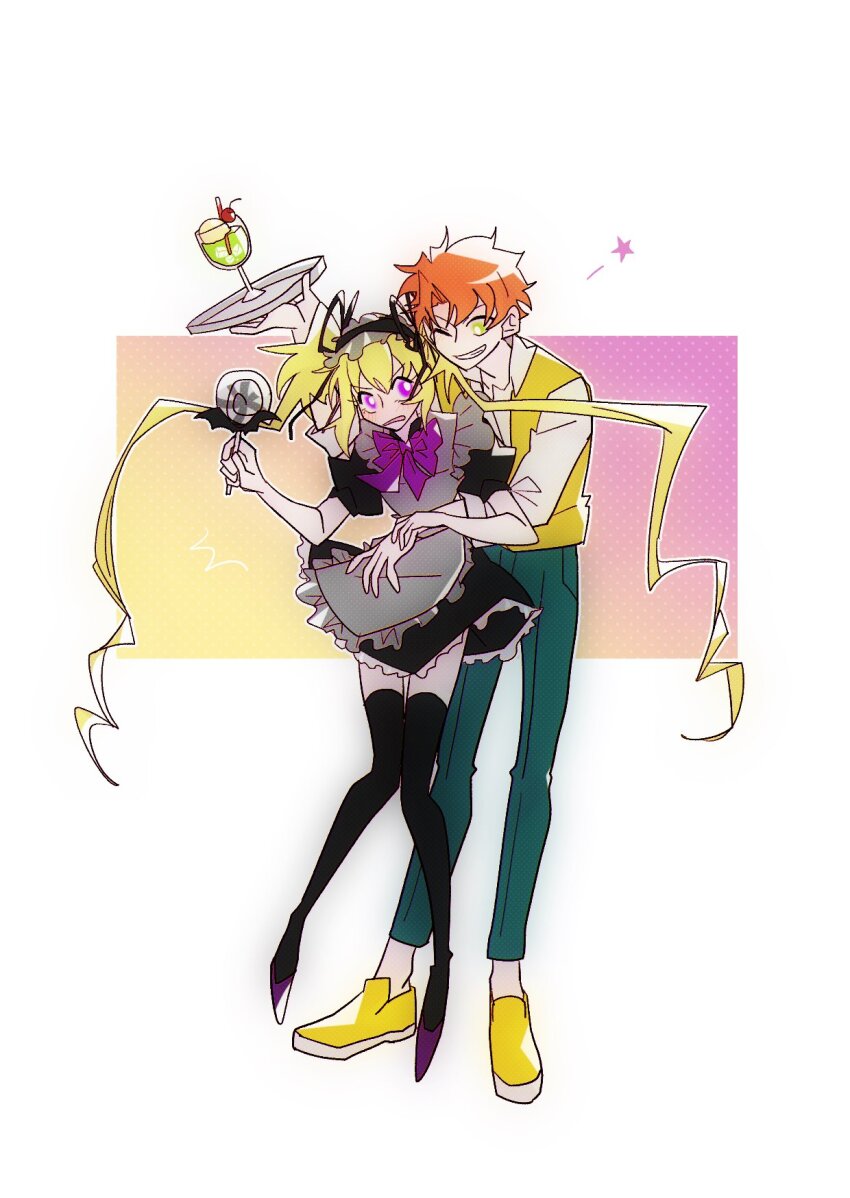 1boy 1girl apron black_thighhighs blonde_hair commentary_request green_eyes highres hoshina_utau hug hug_from_behind maid_headdress one_eye_closed orange_hair purple_eyes purple_shoes shoes shugo_chara! smile souma_kuukai thighhighs twintails vest yellow_shoes yellow_vest yuzikoz_mega