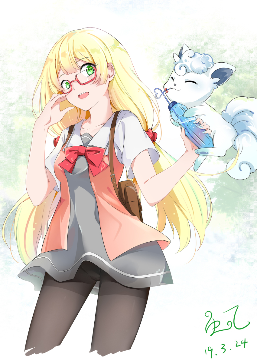 1girl alolan_form alolan_vulpix backpack bag black_pantyhose blonde_hair creatures_(company) dated dress game_freak gen_7_pokemon glasses green_eyes highres lillie_(pokemon) long_hair nainai nintendo official_alternate_costume open_mouth pantyhose pokemon pokemon_(anime) pokemon_(creature) pokemon_sm113 pokemon_sm_(anime) red-framed_eyewear school_uniform short_dress short_sleeves signature
