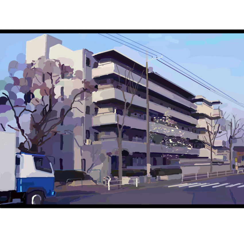 box_truck building day highres kmshin01 letterboxed motor_vehicle no_humans original outdoors power_lines road scenery street tree truck