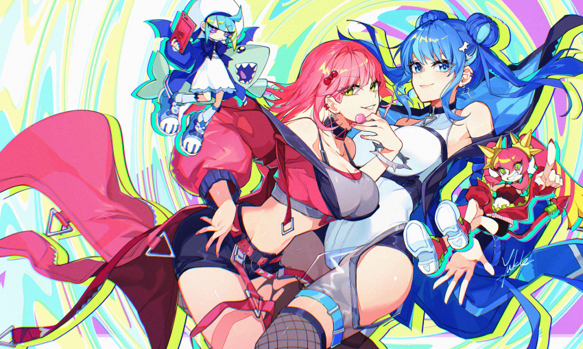 4girls belt blonde_hair blue_eyes blue_hair blue_jacket breasts candy chest_belt chupa_chups cleavage coat cropped_vest double_bun duel_monster evil_twin_ki-sikil evil_twin_lil-la fishnet_thighhighs fishnets food green_eyes hair_bun hat highres jacket ki-sikil_(yu-gi-oh!) large_breasts large_hat lil-la_(yu-gi-oh!) lipstick_mark lipstick_mark_on_breast live_twin_ki-sikil live_twin_lil-la lollipop long_hair long_sleeves looking_at_viewer midriff multicolored_hair multiple_girls navel official_alternate_costume open_clothes open_jacket pink_belt pink_coat pink_hair pink_jacket purple_eyes shoes short_hair smile stuffed_animal stuffed_shark stuffed_toy thighhighs twintails vest wings yu-gi-oh! yukle