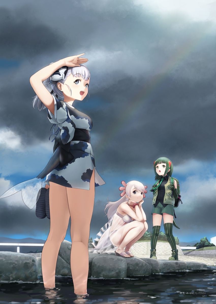 3girls absurdres bare_shoulders beleven belt bikini black_belt black_gloves black_kimono black_shirt blue_kimono blush boots cloud cloudy_sky collared_shirt elbow_gloves fins fish_girl fish_tail gloves green_eyes green_footwear green_hair green_necktie green_shorts green_thighhighs green_vest grey_eyes grey_kimono highres holding holding_sandals japanese_clothes jinmen-gyo_(kemono_friends) kemono_friends kimono lizard_tail long_hair mask mask_on_head mexico_salamander_(kemono_friends) multicolored_hair multicolored_kimono multiple_girls necktie obi open_mouth pink_hair red-eared_slider_(kemono_friends) red_hair reptile_girl sandals sash see-through_clothes shirt short_hair short_kimono shorts sidelocks sky smile squatting striped_clothes striped_thighhighs swimsuit tail thighhighs turtle_shell two-tone_hair two-tone_thighhighs vest wading water white_bikini white_hair wristband yellow_thighhighs
