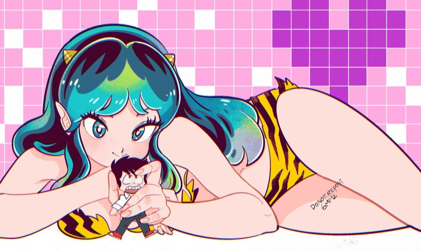 1boy 1girl angry animal_print aqua_eyes artist_name bare_arms bare_shoulders ben-day_dots bikini black_hair breasts chromatic_aberration closed_mouth collarbone denim furrowed_brow grid_background highres horns in_palm jeans lum medium_breasts midriff moroboshi_ataru muda_rengou_to_ziggy_stardust navel oni open_mouth pants parted_bangs pink_background pointy_ears print_bikini purple_background red_shoes screentones shirt shoes short_hair sidelocks size_difference smile sneakers swimsuit ter tiger_print upper_body urusei_yatsura watermark white_shirt
