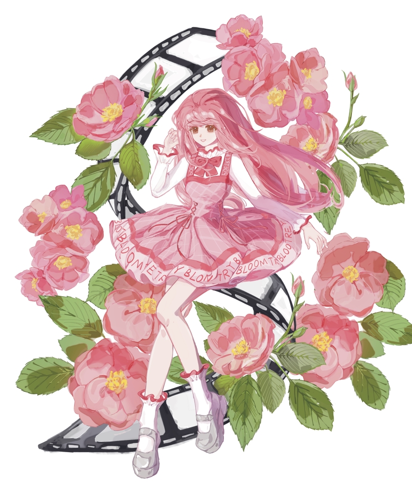 1girl absurdres ankle_socks argyle_clothes argyle_dress bloom_poetry_(shining_nikki) bow bowtie brown_eyes chinese_commentary clothes_writing commentary_request cross-laced_clothes cross-laced_dress dress dress_ribbon eyelashes film_strip floating_clothes floating_hair flower frilled_sleeves frills full_body grey_shoes hand_in_own_hair happy highres long_hair long_sleeves mary_janes nikki_(nikki) nikki_(series) open_mouth peony_(flower) pinafore_dress pink_dress pink_flower pink_hair qingxu red_bow red_bowtie red_ribbon ribbon shining_nikki shirt shoes short_dress simple_background sleeveless sleeveless_dress smile socks solo standing tareme turtleneck turtleneck_shirt very_long_hair white_background white_shirt white_socks wind